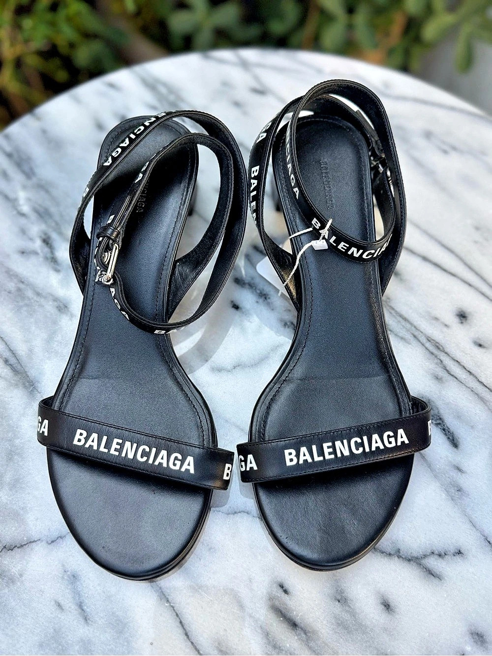 Balenciaga Allover Logo Ankle Strap Block Heel Sandals Black Sz 37.5